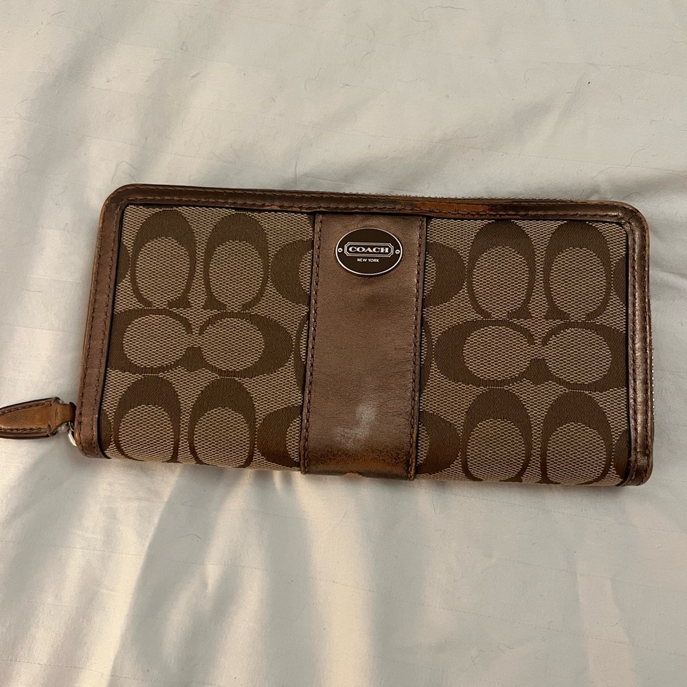 Coach Signature C Accordion Zip Wallet Bronze Tan Monogram Logo